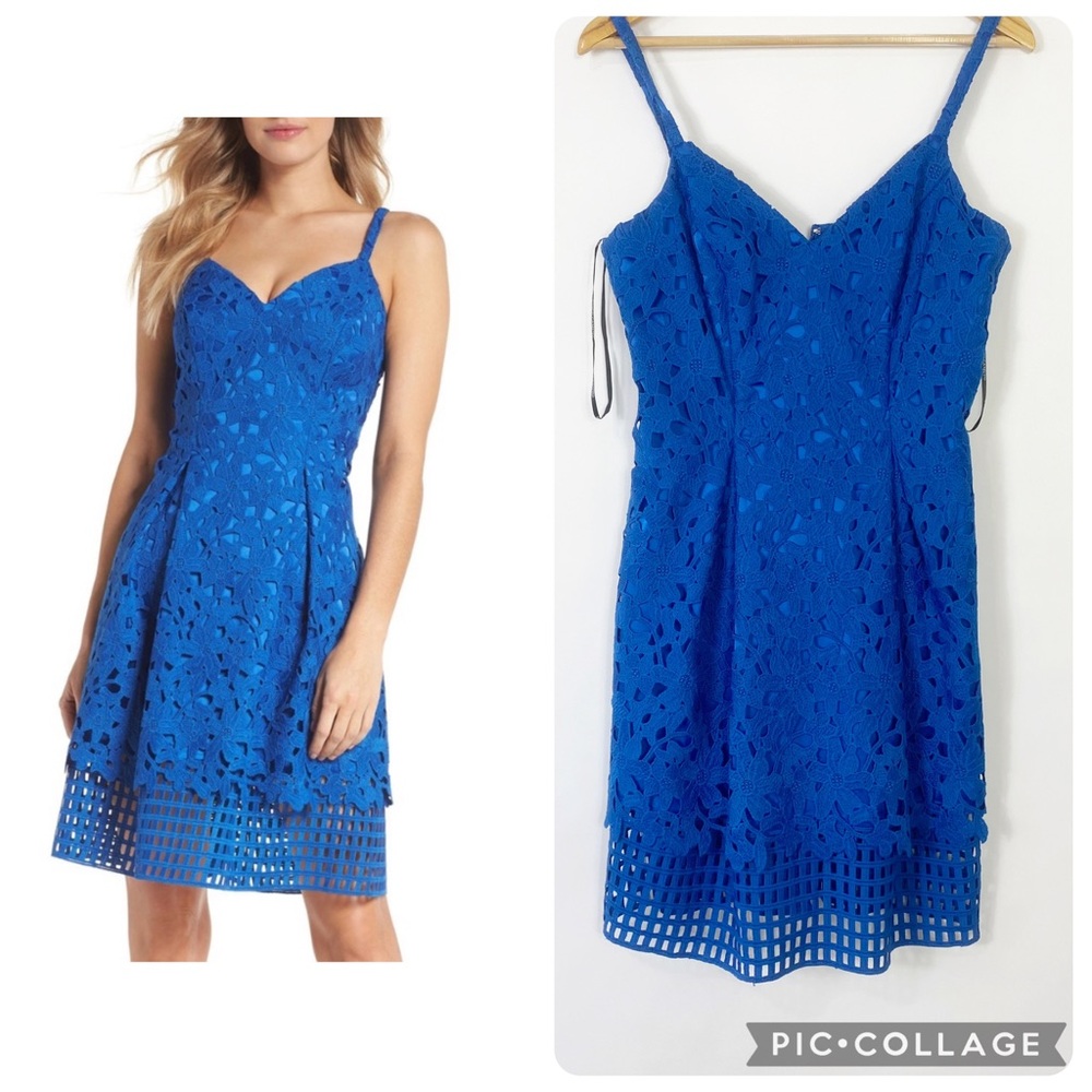 Vince Camuto Blue Fit Flare Mini Dress Elegant Wedding Guest Cocktail Party Sz6